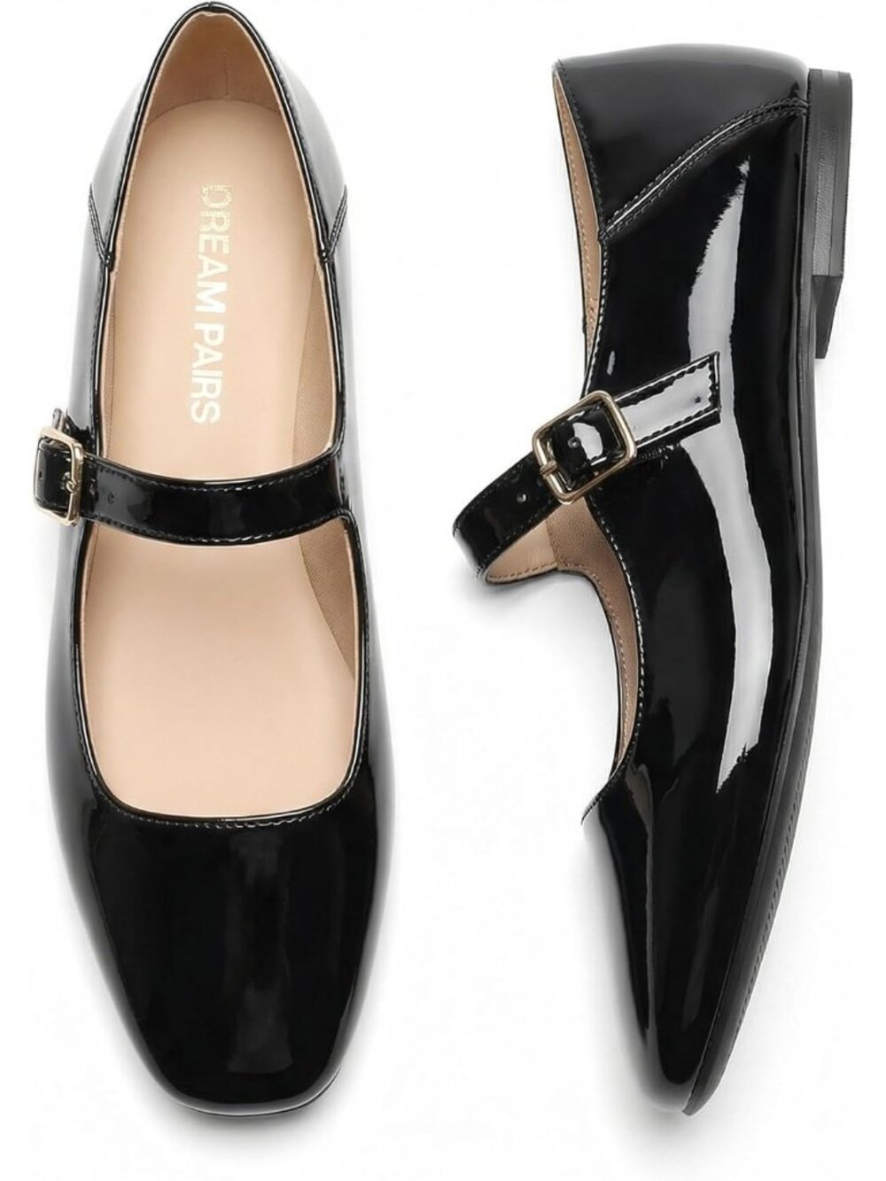 〽️Women's Mary Jane Flats Black Faux Leather Square Toe Comfortable Buckle Strap